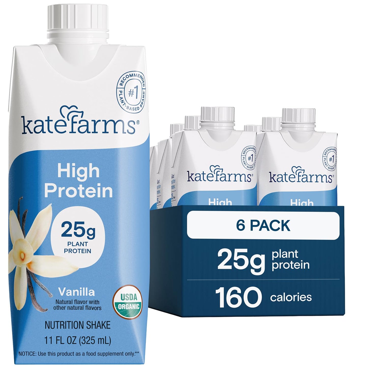 KATE FARMS Organic High Protein Chocolate Nutrition Shake, 25g Protein, 6g Fiber, 27 Vitamins and Minerals, 0g Sugar, 11 oz (12 Pack)