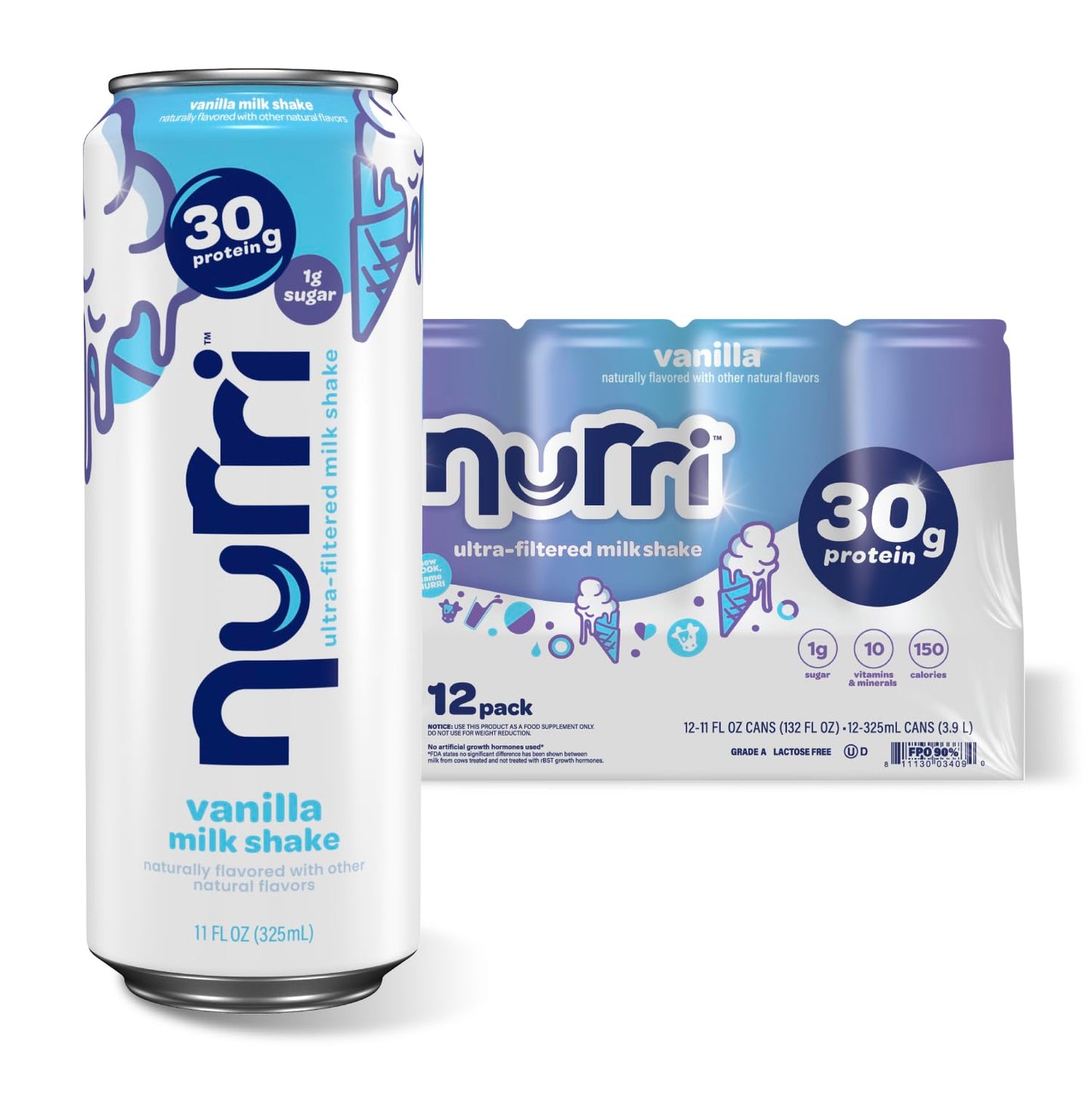 Nurri 30g Protein Ultra Filtered Milk Shake, Chocolate, 10-11 fl oz Cans | Ready to drink, Ultra-filtered milk protein, 150 calories, 1g sugar, 10 vitamins and minerals