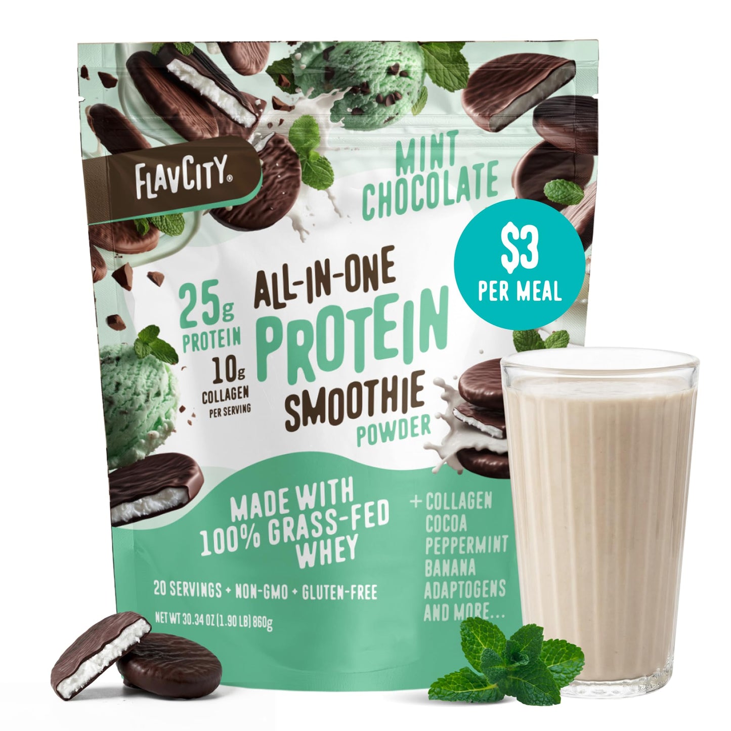 FlavCity Vanilla All in One Protein Shake Powder - On the Go Meal Alternative + Collagen Peptides, Reishi & Cordyceps - Focus, Skin, Hair & Joint Support - 100% Grass Fed Whey, 20 Servings