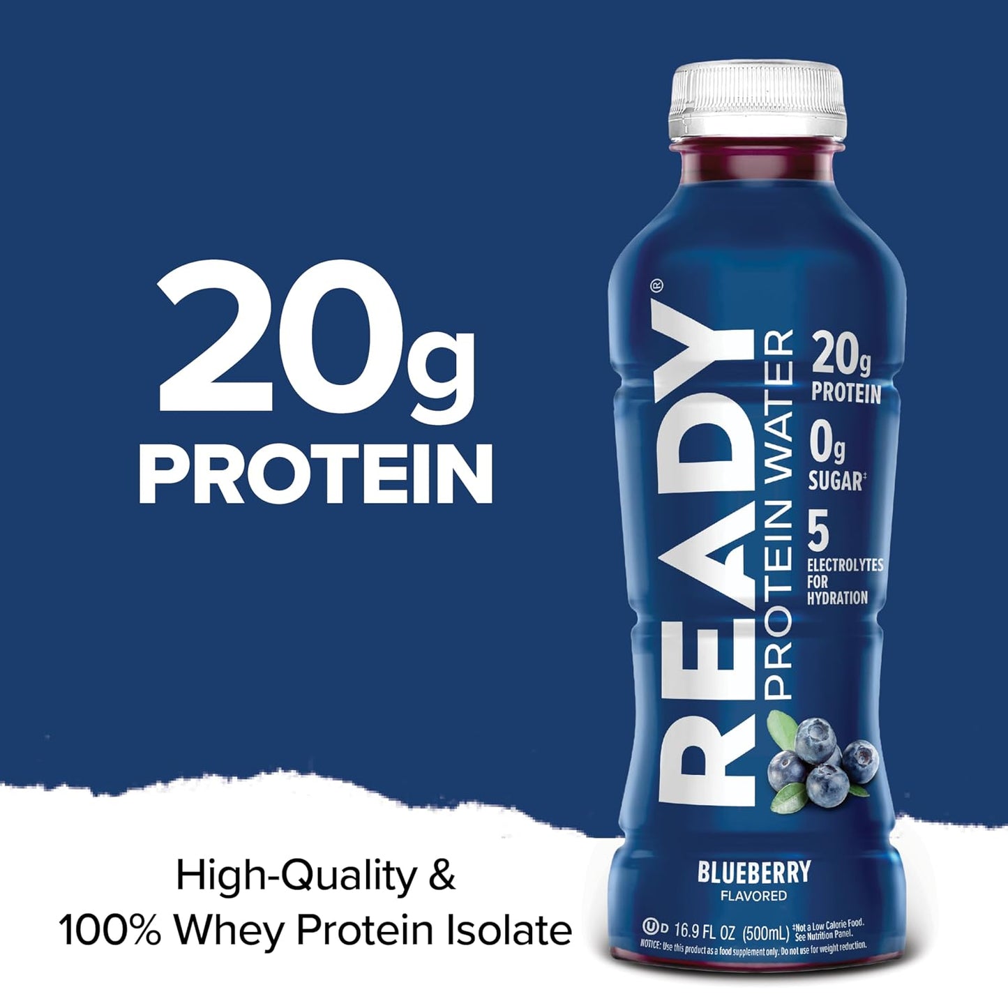 Ready Clear Protein Water, Blueberry, 20g Whey Protein Isolate, 12 Pack | Zero-sugar sports drink with electrolytes and essential amino acids for hydration and recovery, 16.9 fl oz