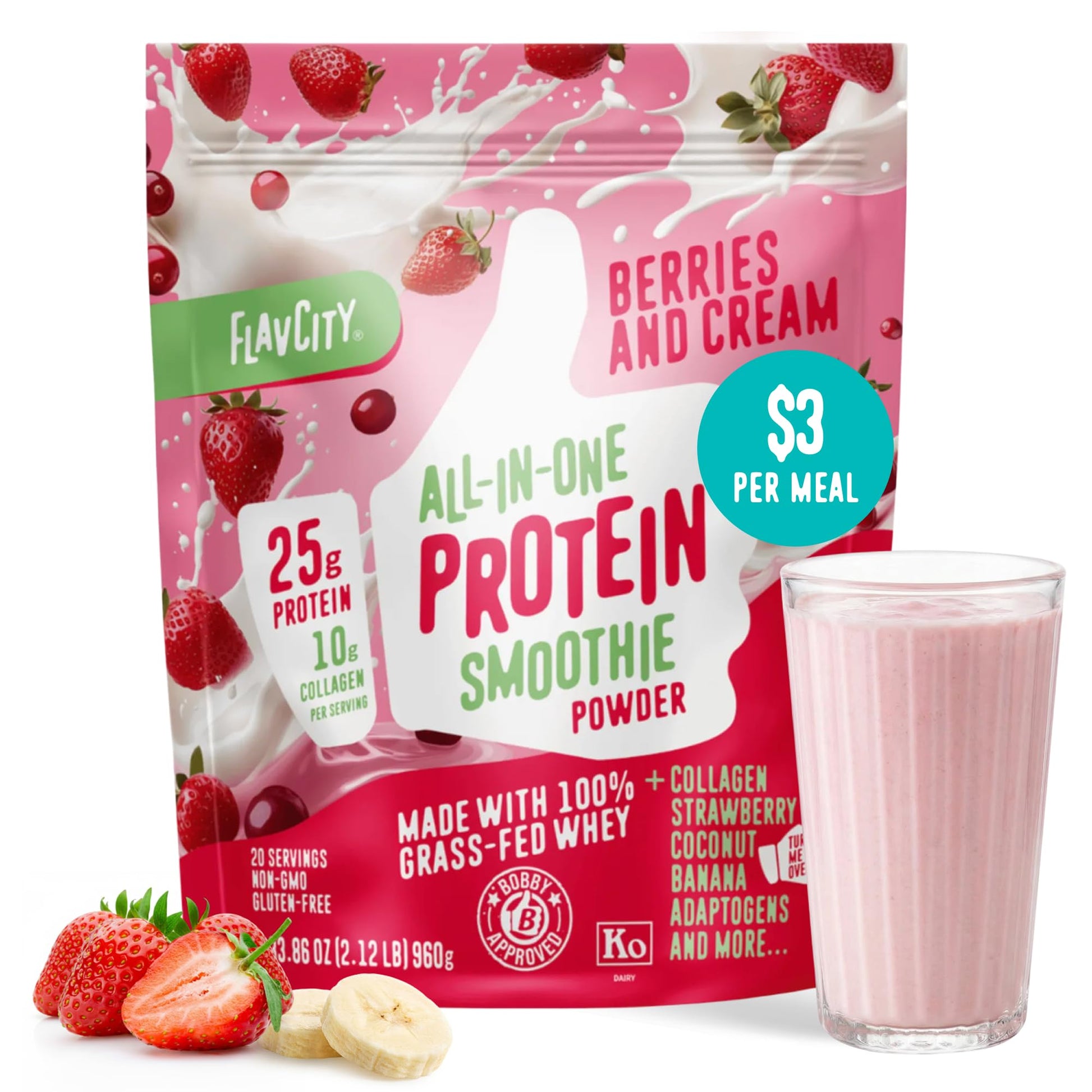 FlavCity Vanilla All in One Protein Shake Powder - On the Go Meal Alternative + Collagen Peptides, Reishi & Cordyceps - Focus, Skin, Hair & Joint Support - 100% Grass Fed Whey, 20 Servings