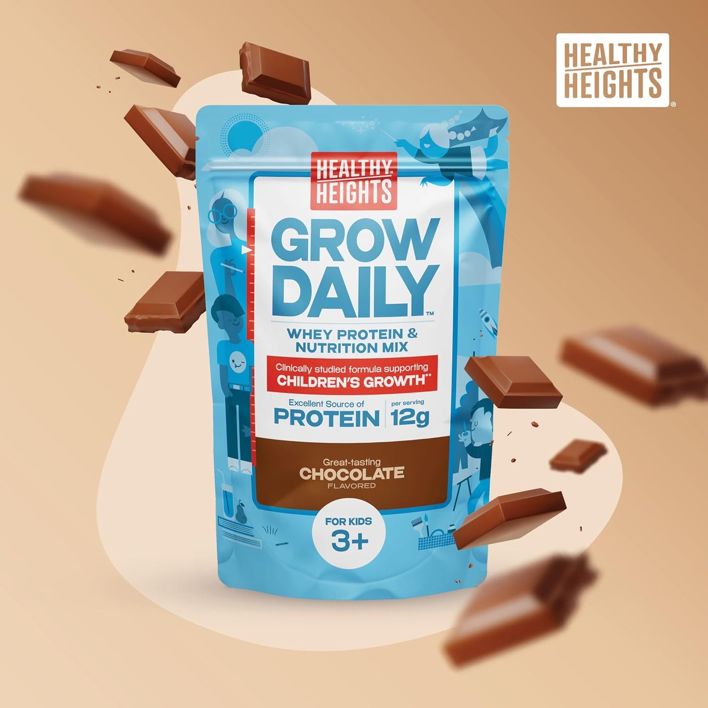 Healthy Heights Grow Daily Kids Protein Drink Mix (Chocolate) - High Protein Shake for Kids 3+, 21.6 oz