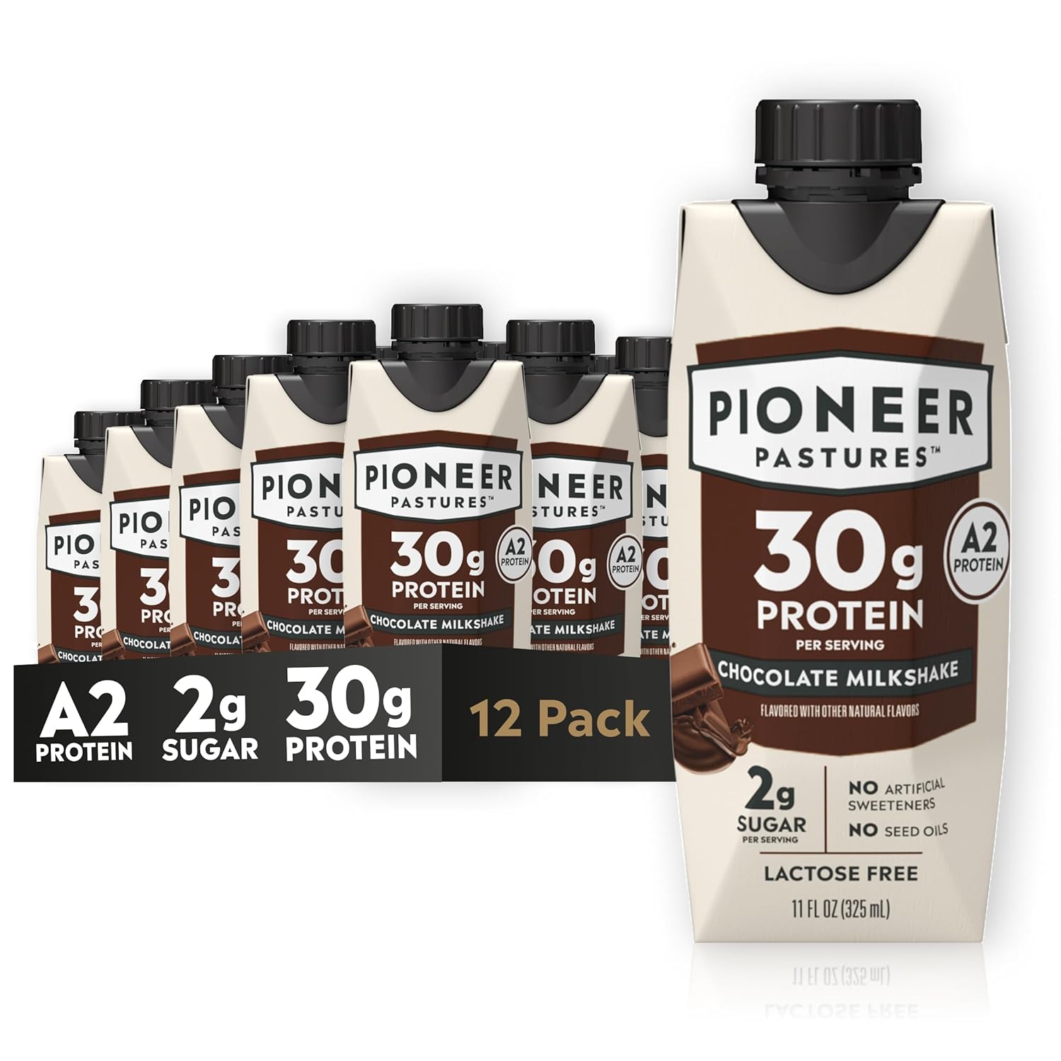 Pioneer Pastures High Protein A2 Milkshakes, Chocolate, 11oz, 12 Pack | A2 Protein Shake, 30g Protein, Ultra-Filtered, Lactose Free, 2g Sugar, No Seed Oils, No Artificial Sweeteners