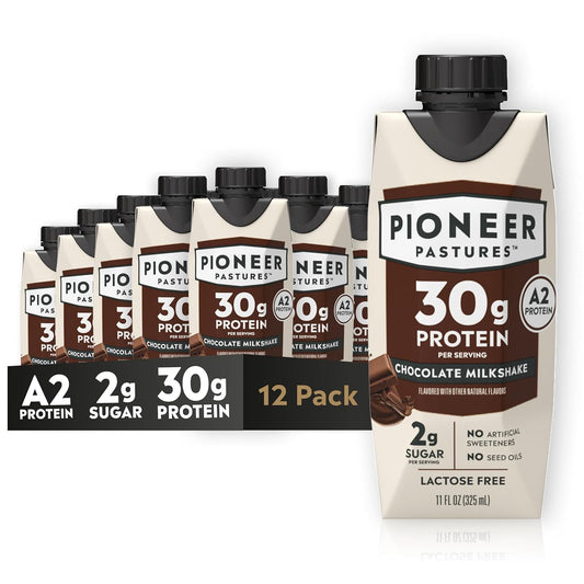 Pioneer Pastures High Protein A2 Milkshakes, Chocolate, 11oz, 12 Pack | A2 Protein Shake, 30g Protein, Ultra-Filtered, Lactose Free, 2g Sugar, No Seed Oils, No Artificial Sweeteners
