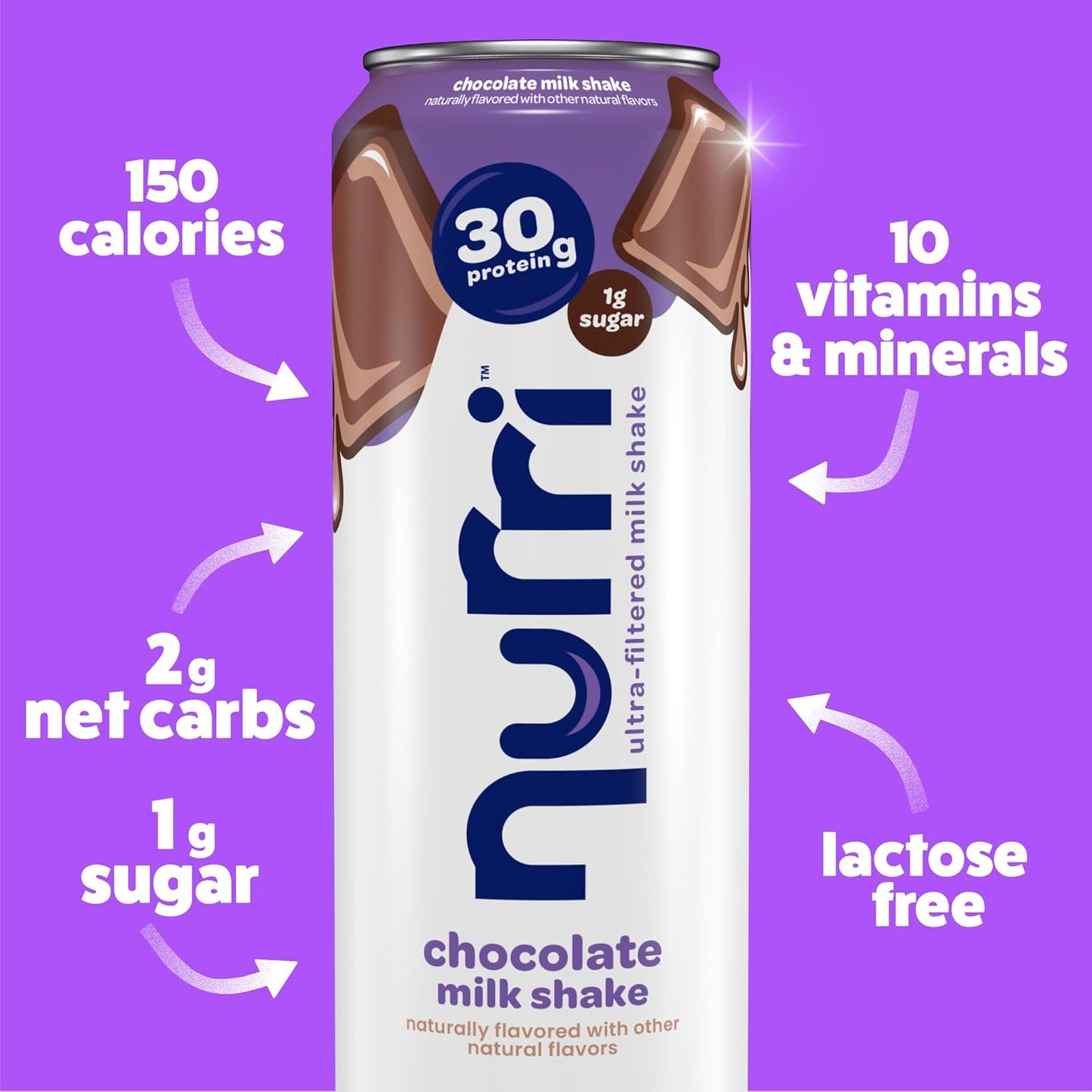 Nurri 30g Protein Ultra Filtered Milk Shake, Chocolate, 10-11 fl oz Cans | Ready to drink, Ultra-filtered milk protein, 150 calories, 1g sugar, 10 vitamins and minerals