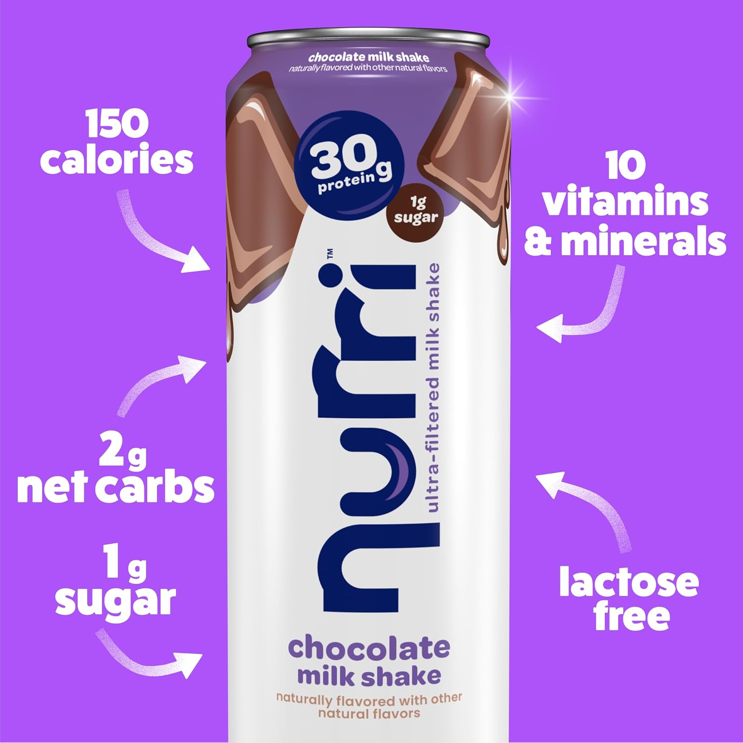 Nurri 30g Protein Ultra Filtered Milk Shake, Chocolate, 10-11 fl oz Cans | Ready to drink, Ultra-filtered milk protein, 150 calories, 1g sugar, 10 vitamins and minerals