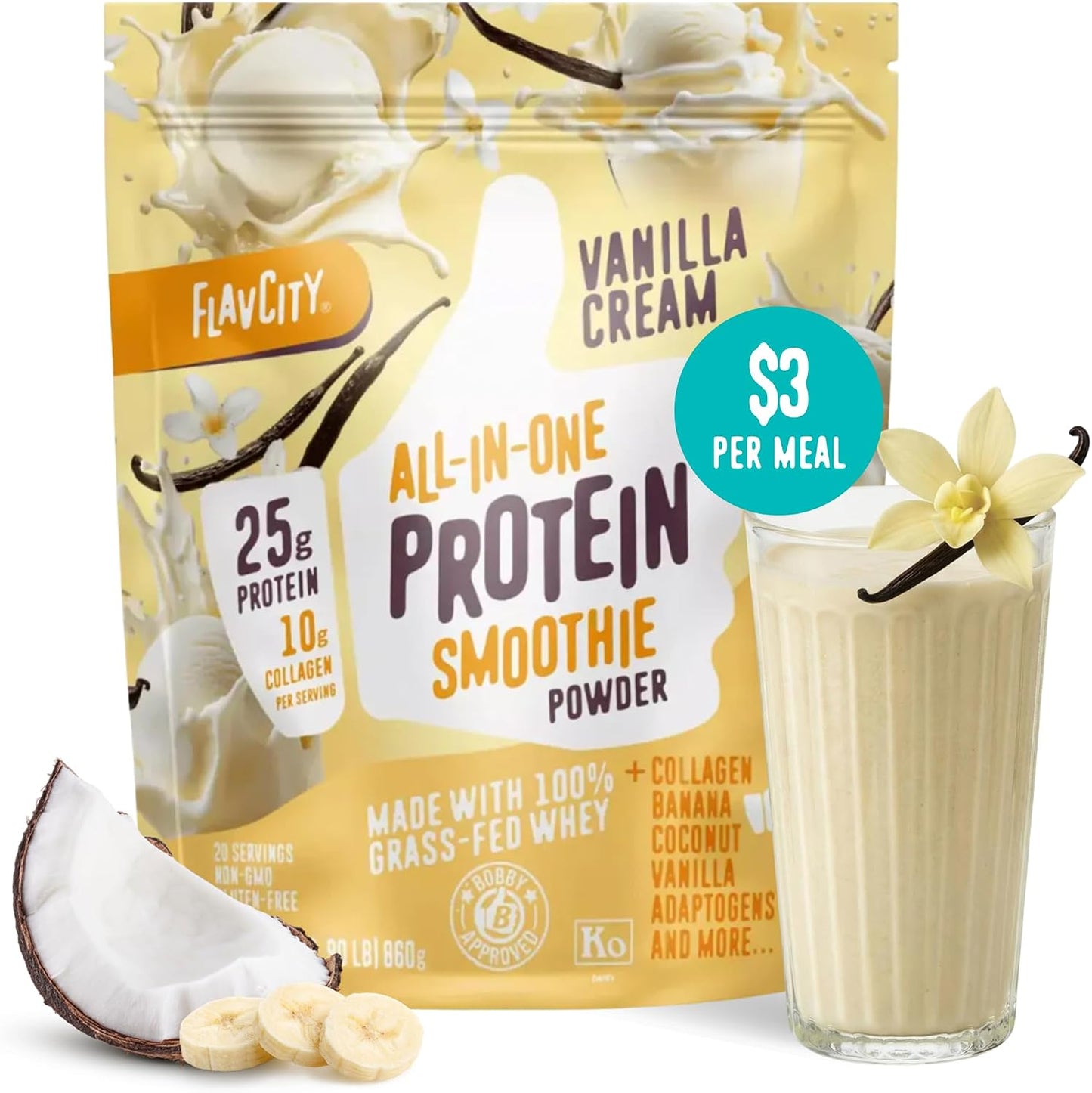FlavCity Vanilla All in One Protein Shake Powder - On the Go Meal Alternative + Collagen Peptides, Reishi & Cordyceps - Focus, Skin, Hair & Joint Support - 100% Grass Fed Whey, 20 Servings