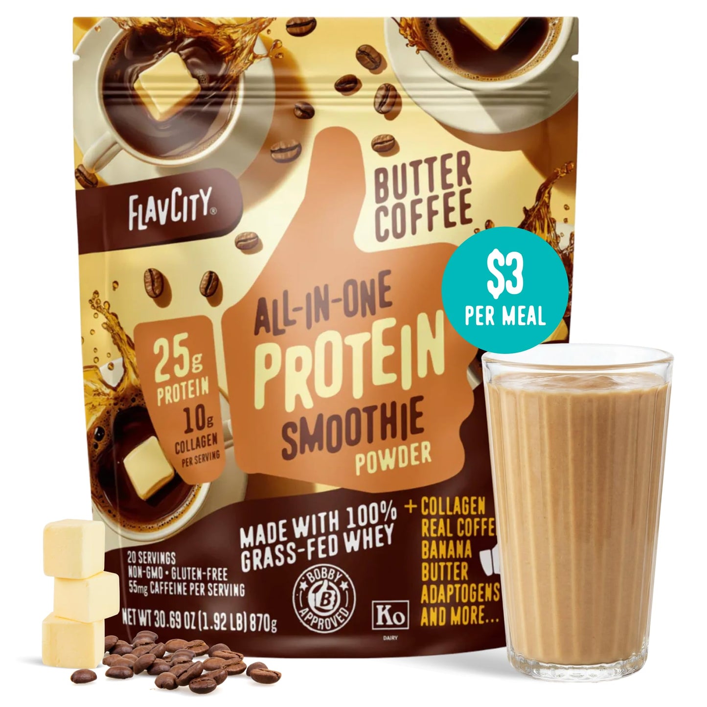 FlavCity Vanilla All in One Protein Shake Powder - On the Go Meal Alternative + Collagen Peptides, Reishi & Cordyceps - Focus, Skin, Hair & Joint Support - 100% Grass Fed Whey, 20 Servings