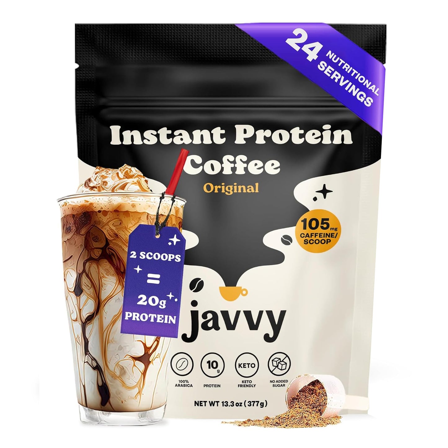 Javvy Protein Coffee for Cold Brew & Iced Coffee, Caramel Latte | 10g Whey Protein, 100% Natural Cold Brew, Zero Artificial Flavors & Sweeteners, 80mg Caffeine, No Added Sugar
