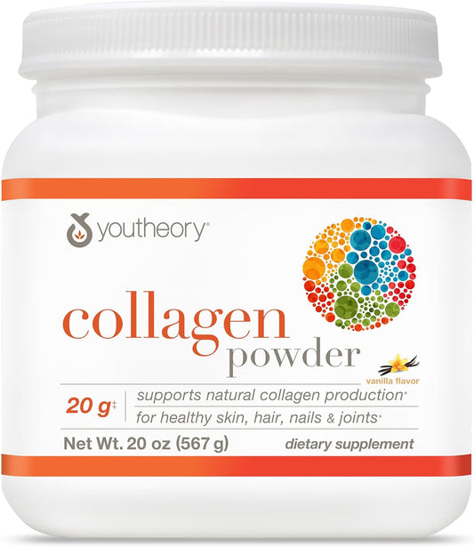 Youtheory Collagen Powder - 20 g Hydrolyzed Collagen Peptides - with Vitamin C, Biotin & Amino Acids - Supports Joint & Bone Health* - Bioavailable Nutrition - Vanilla - 20 oz (21-Day Supply)
