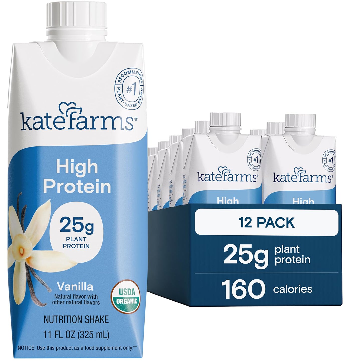 KATE FARMS Organic High Protein Chocolate Nutrition Shake, 25g Protein, 6g Fiber, 27 Vitamins and Minerals, 0g Sugar, 11 oz (12 Pack)