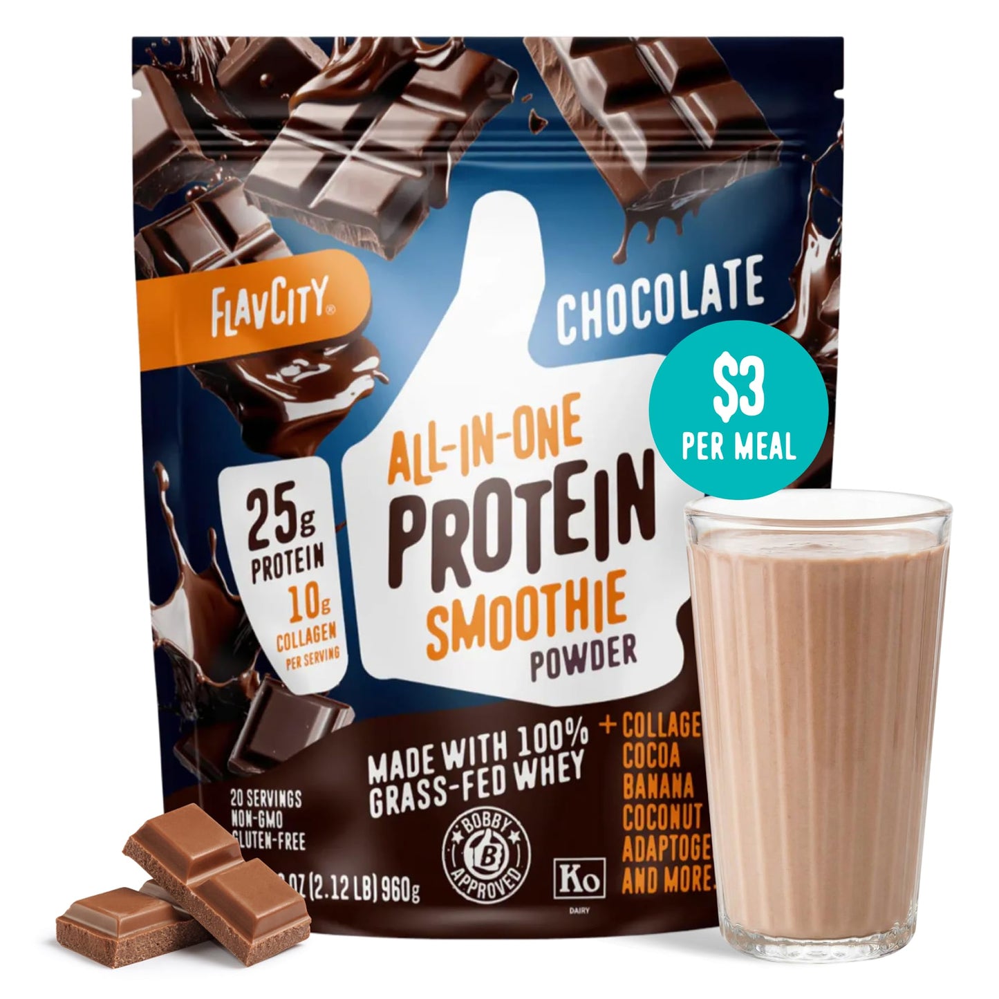 FlavCity Vanilla All in One Protein Shake Powder - On the Go Meal Alternative + Collagen Peptides, Reishi & Cordyceps - Focus, Skin, Hair & Joint Support - 100% Grass Fed Whey, 20 Servings