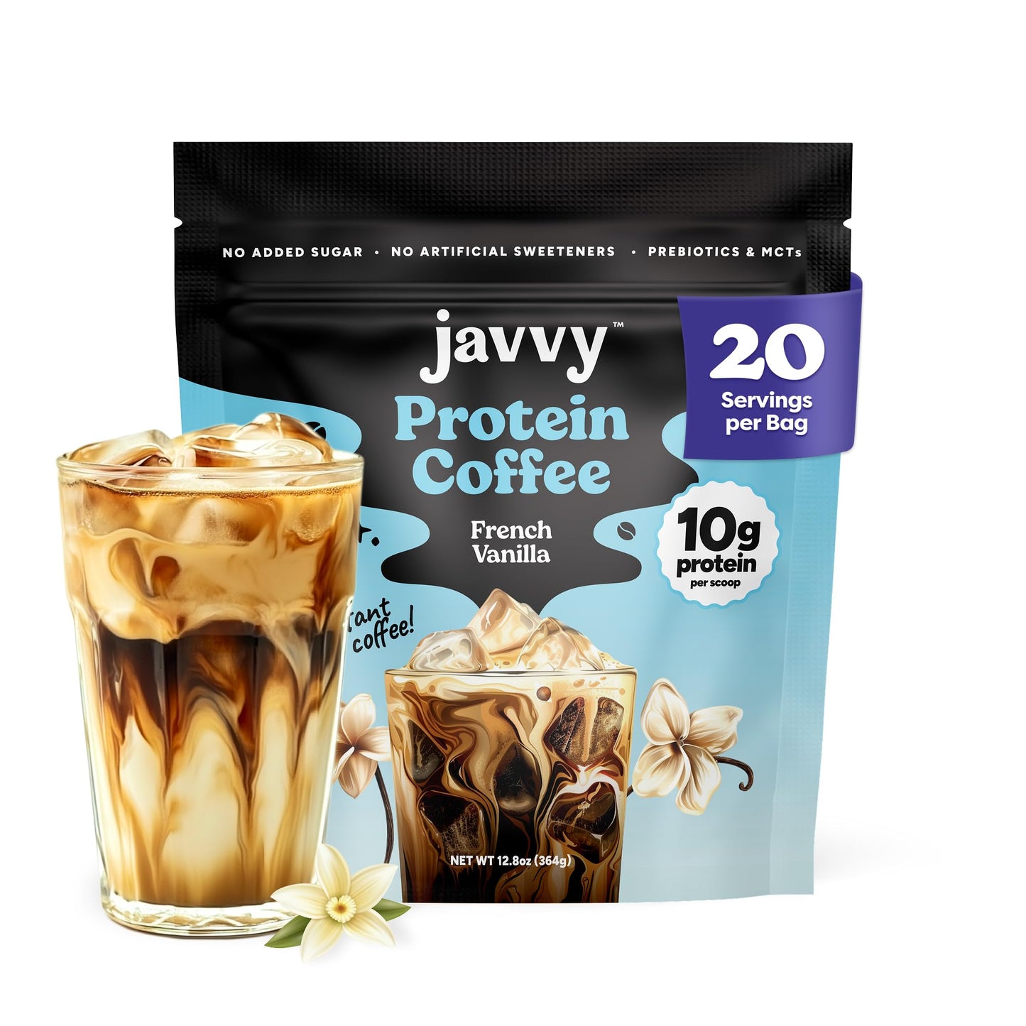 Javvy Protein Coffee for Cold Brew & Iced Coffee, Caramel Latte | 10g Whey Protein, 100% Natural Cold Brew, Zero Artificial Flavors & Sweeteners, 80mg Caffeine, No Added Sugar