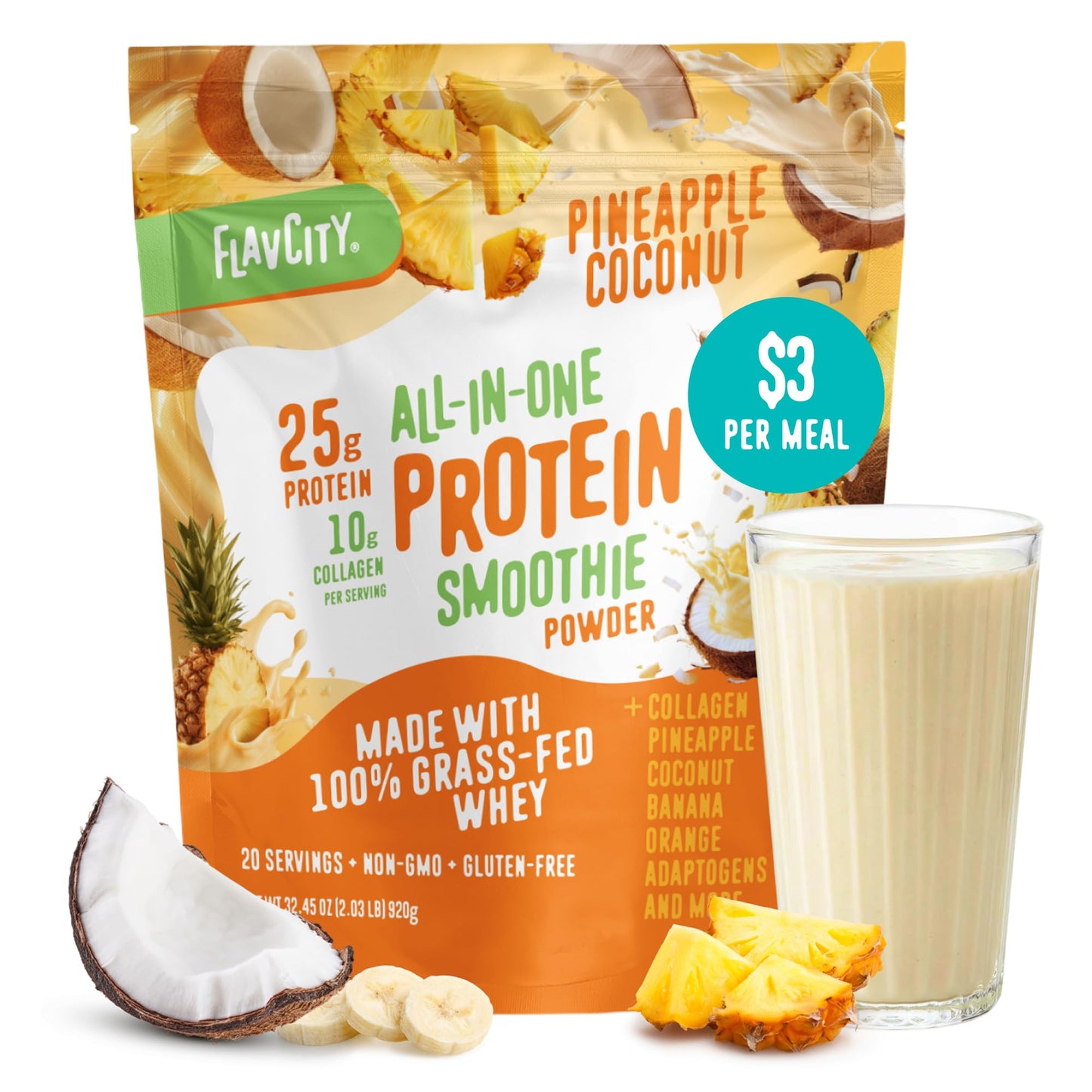 FlavCity Vanilla All in One Protein Shake Powder - On the Go Meal Alternative + Collagen Peptides, Reishi & Cordyceps - Focus, Skin, Hair & Joint Support - 100% Grass Fed Whey, 20 Servings