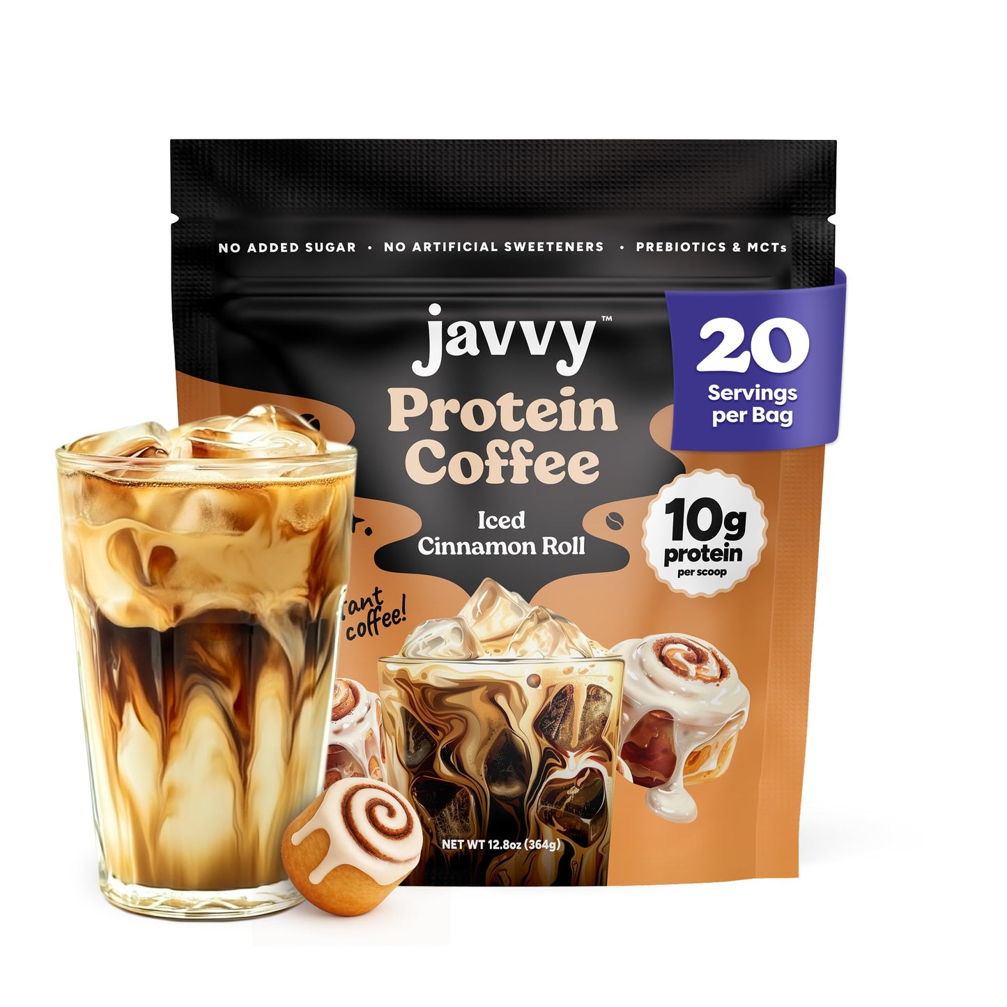 Javvy Protein Coffee for Cold Brew & Iced Coffee, Caramel Latte | 10g Whey Protein, 100% Natural Cold Brew, Zero Artificial Flavors & Sweeteners, 80mg Caffeine, No Added Sugar