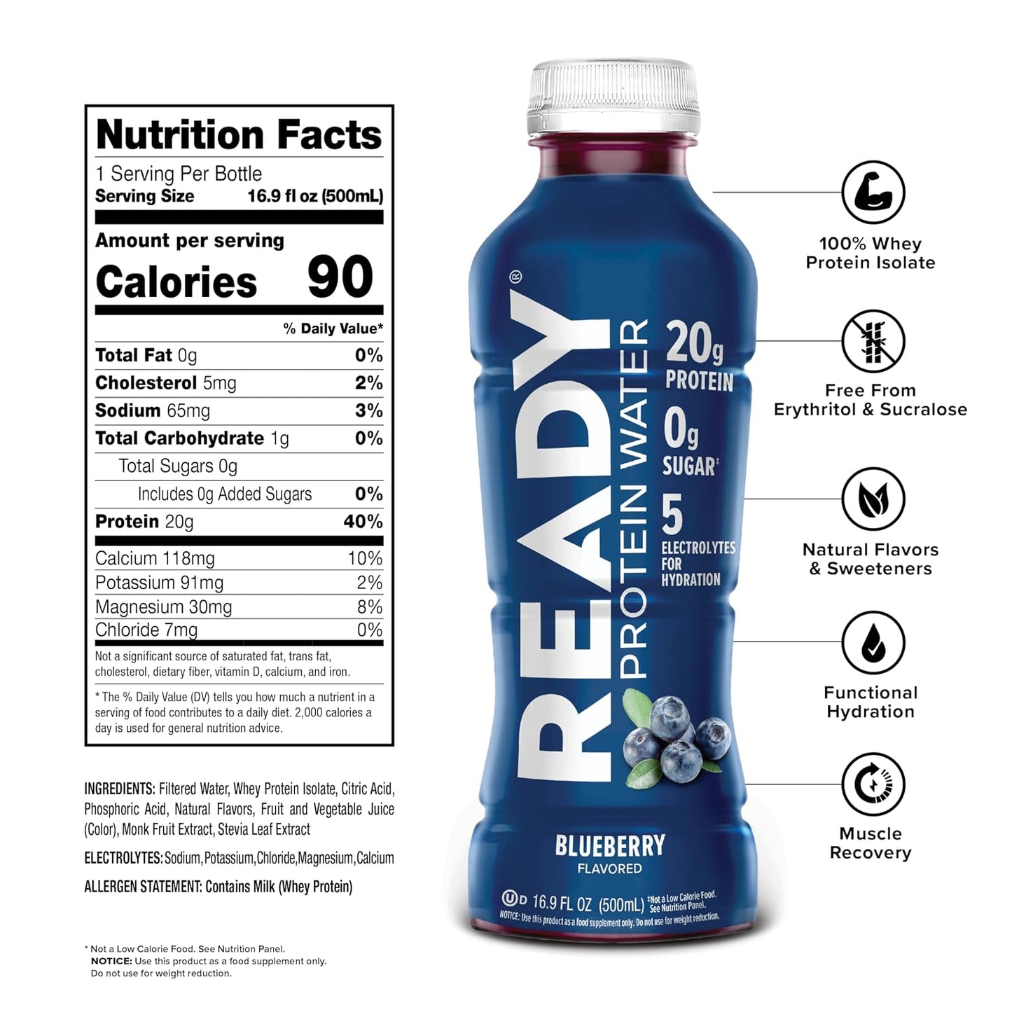 Ready Clear Protein Water, Blueberry, 20g Whey Protein Isolate, 12 Pack | Zero-sugar sports drink with electrolytes and essential amino acids for hydration and recovery, 16.9 fl oz