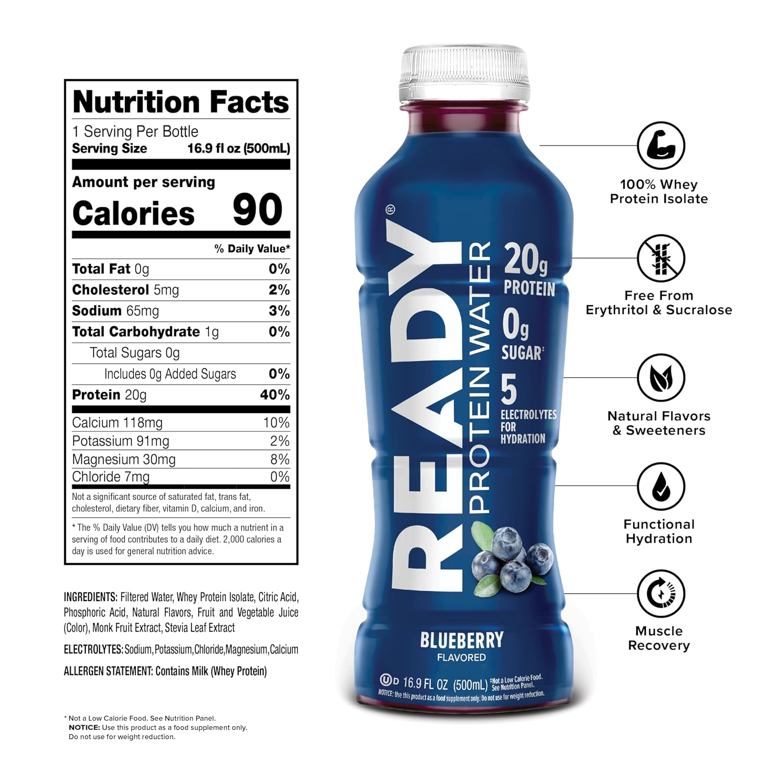 Ready Clear Protein Water, Blueberry, 20g Whey Protein Isolate, 12 Pack | Zero-sugar sports drink with electrolytes and essential amino acids for hydration and recovery, 16.9 fl oz