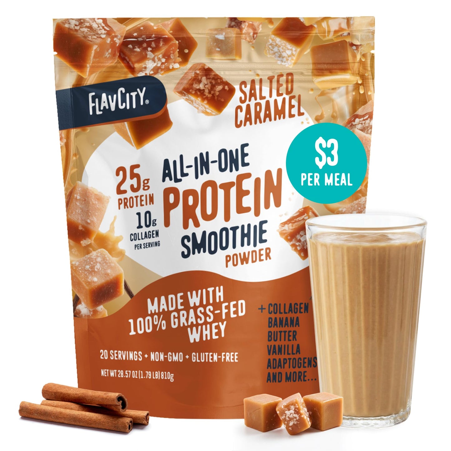 FlavCity Vanilla All in One Protein Shake Powder - On the Go Meal Alternative + Collagen Peptides, Reishi & Cordyceps - Focus, Skin, Hair & Joint Support - 100% Grass Fed Whey, 20 Servings