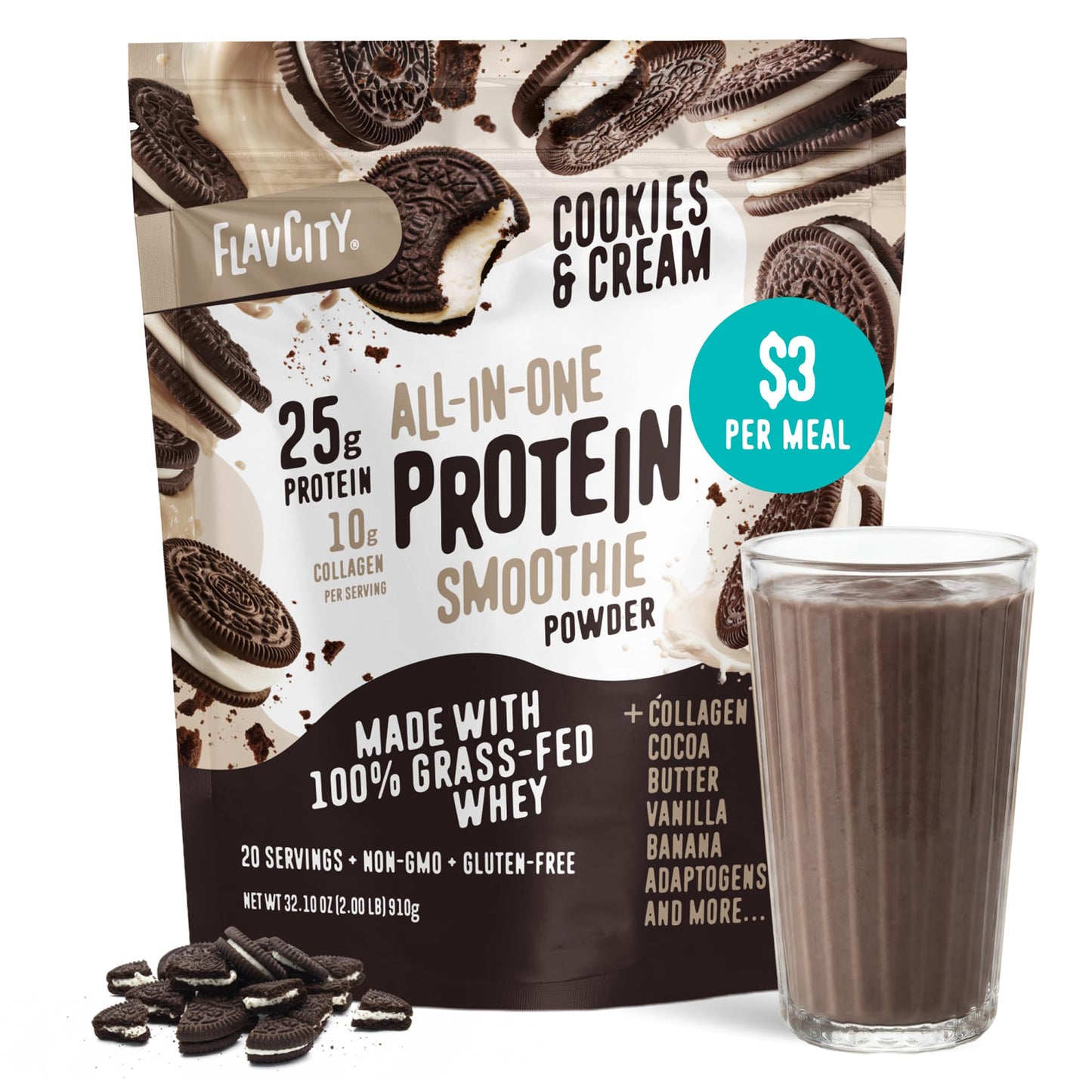 FlavCity Vanilla All in One Protein Shake Powder - On the Go Meal Alternative + Collagen Peptides, Reishi & Cordyceps - Focus, Skin, Hair & Joint Support - 100% Grass Fed Whey, 20 Servings