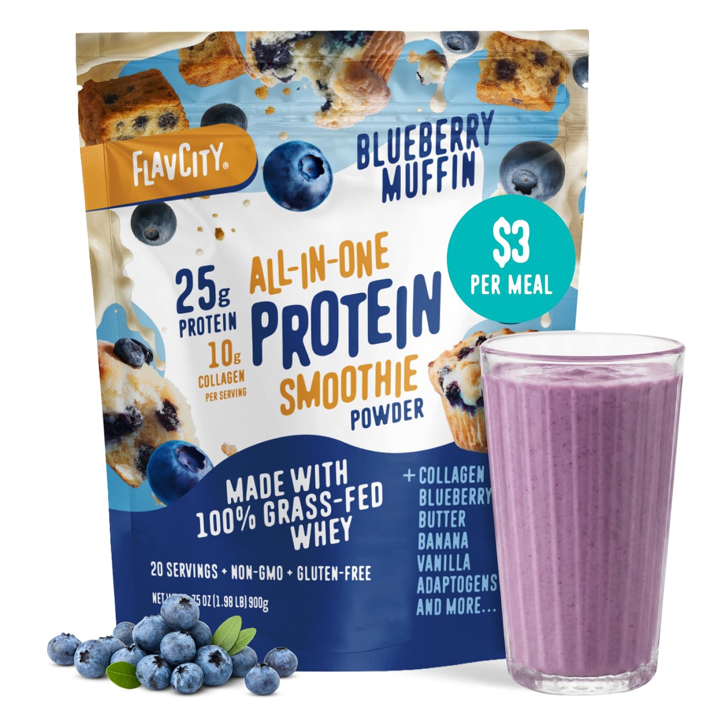 FlavCity Vanilla All in One Protein Shake Powder - On the Go Meal Alternative + Collagen Peptides, Reishi & Cordyceps - Focus, Skin, Hair & Joint Support - 100% Grass Fed Whey, 20 Servings