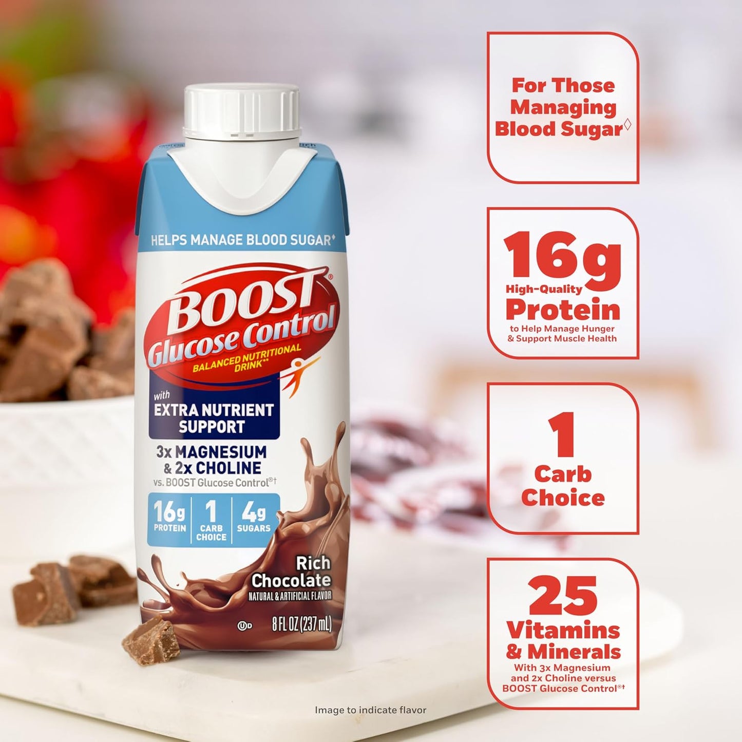 BOOST Glucose Control Ready to Drink Nutritional Drinks with Extra Nutrient Support Drink, Rich Chocolate, 8 Fl Oz, Pack of 24