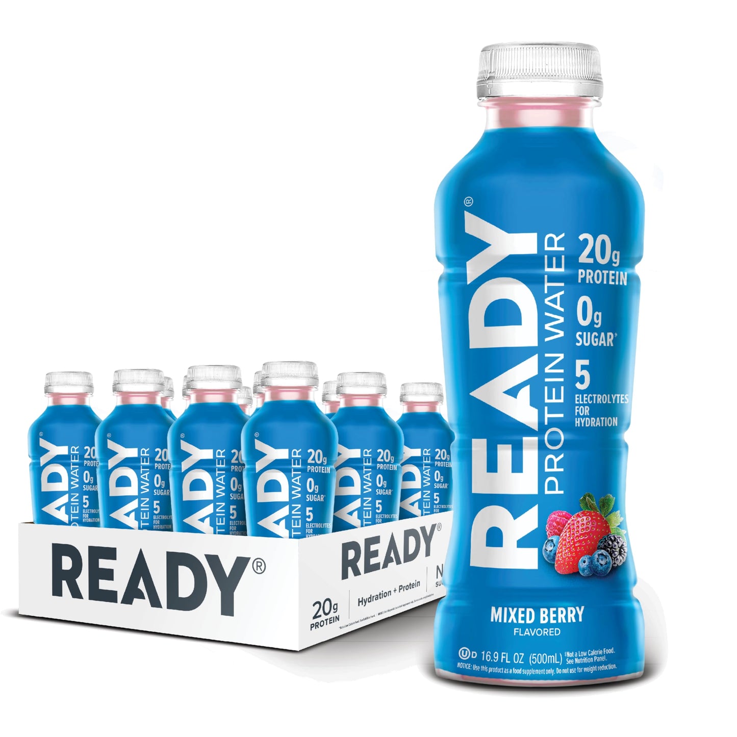 Ready Clear Protein Water, Blueberry, 20g Whey Protein Isolate, 12 Pack | Zero-sugar sports drink with electrolytes and essential amino acids for hydration and recovery, 16.9 fl oz