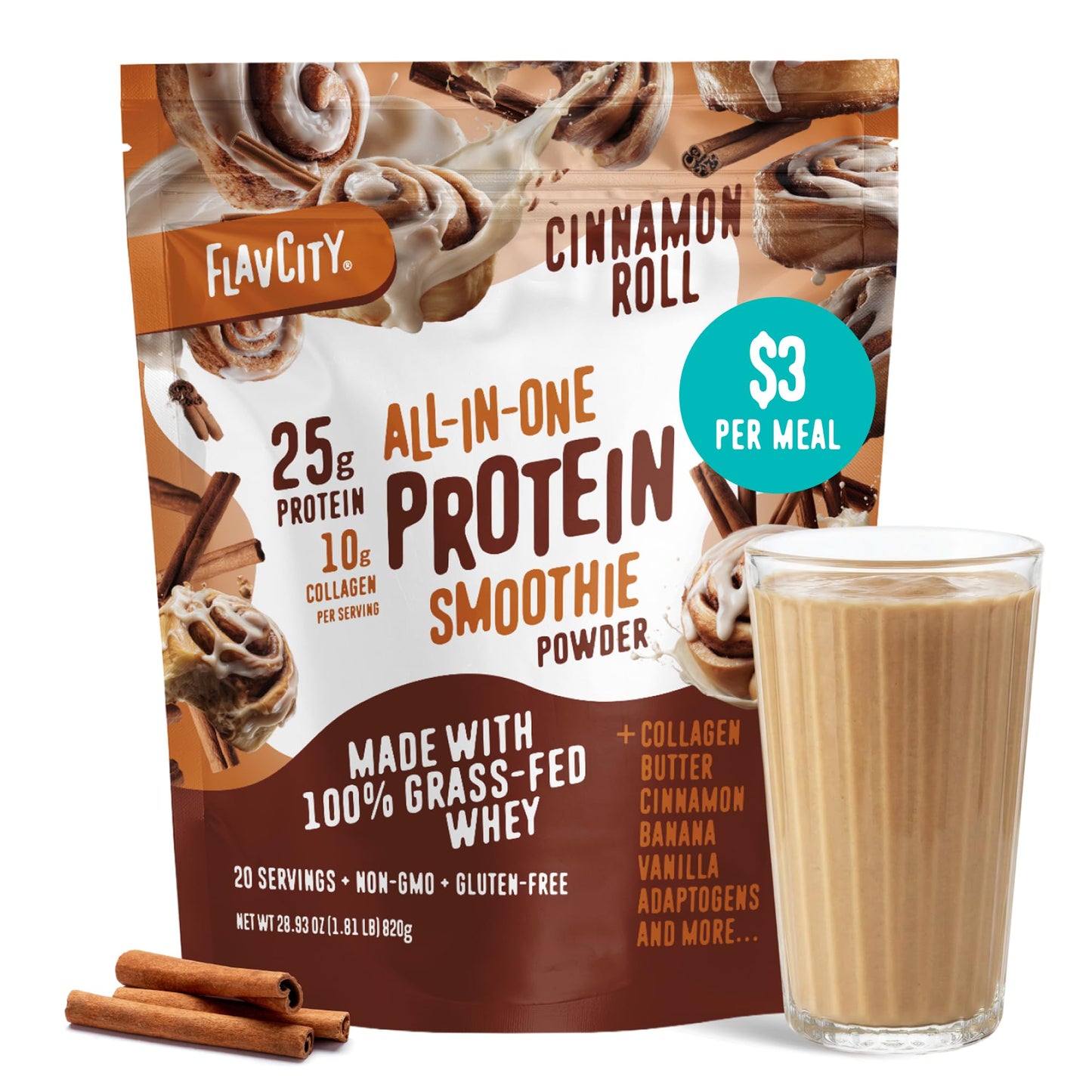 FlavCity Vanilla All in One Protein Shake Powder - On the Go Meal Alternative + Collagen Peptides, Reishi & Cordyceps - Focus, Skin, Hair & Joint Support - 100% Grass Fed Whey, 20 Servings