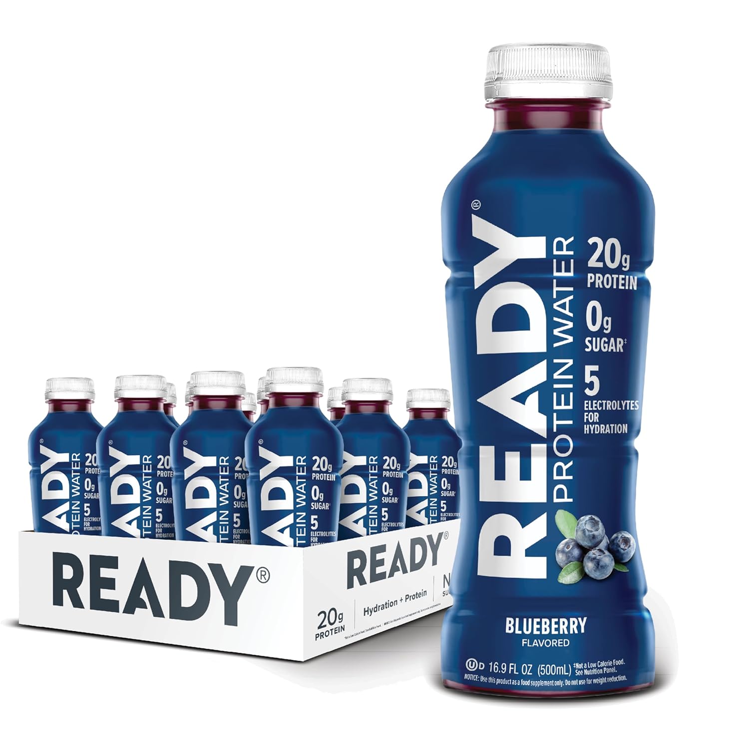 Ready Clear Protein Water, Blueberry, 20g Whey Protein Isolate, 12 Pack | Zero-sugar sports drink with electrolytes and essential amino acids for hydration and recovery, 16.9 fl oz