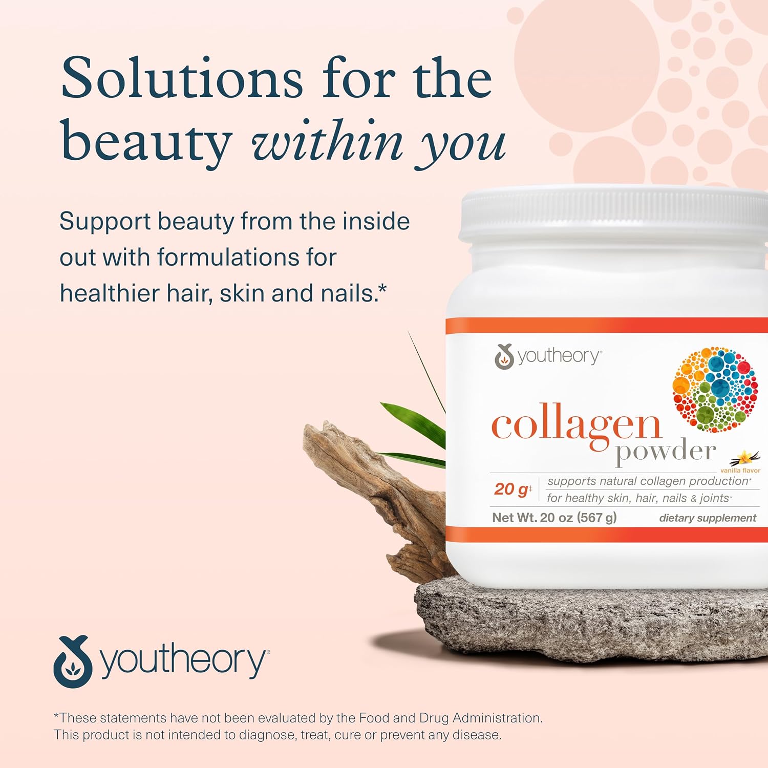 Youtheory Collagen Powder - 20 g Hydrolyzed Collagen Peptides - with Vitamin C, Biotin & Amino Acids - Supports Joint & Bone Health* - Bioavailable Nutrition - Vanilla - 20 oz (21-Day Supply)