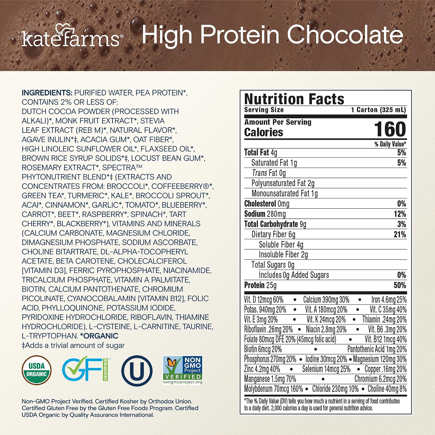 KATE FARMS Organic High Protein Chocolate Nutrition Shake, 25g Protein, 6g Fiber, 27 Vitamins and Minerals, 0g Sugar, 11 oz (12 Pack)